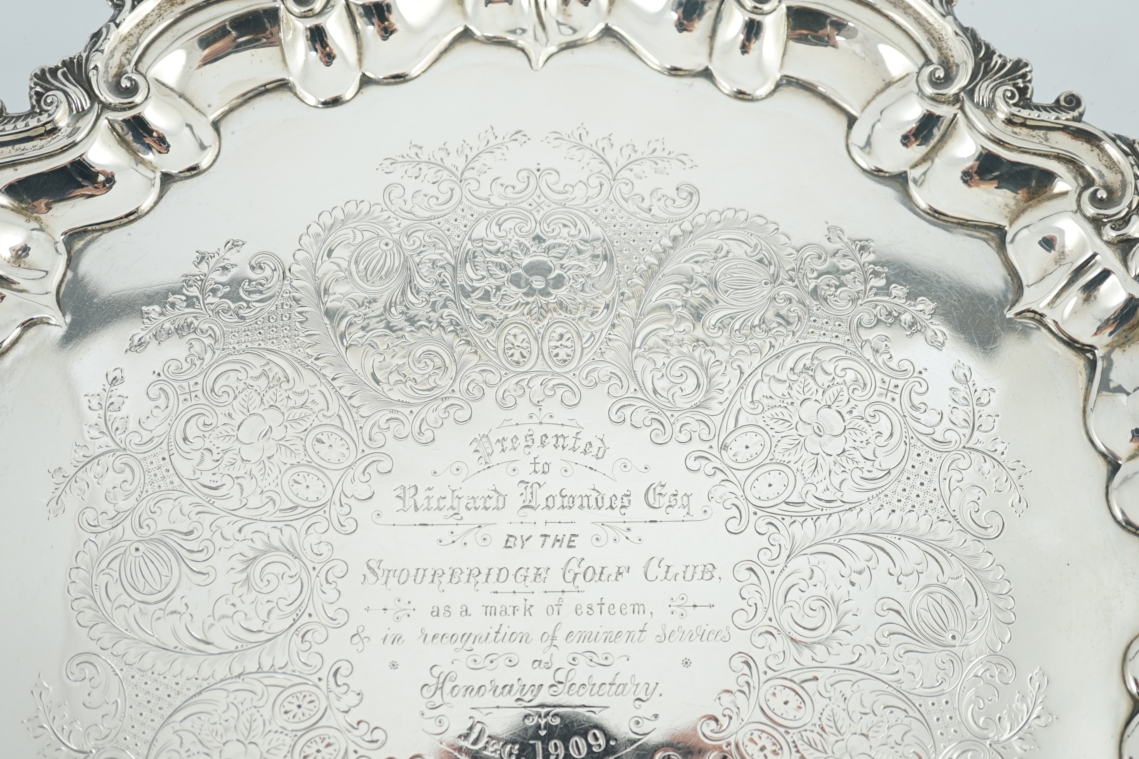 An Edwardian silver salver, by Barker Brothers, with engraved inscription relating to the Stourbridge Golf Club